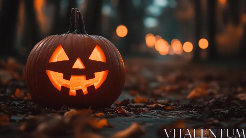 Cozy jack o lantern glowing softly on an autumn path.