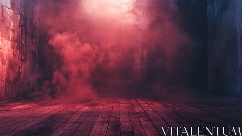 Volumetric crimson fog in decayed industrial room interior.