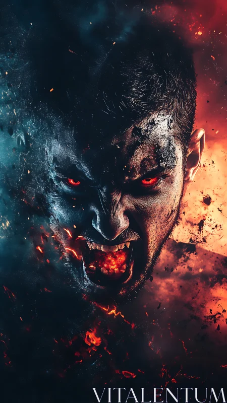 Fiery dual-faced warrior roaring through smoke and embers.