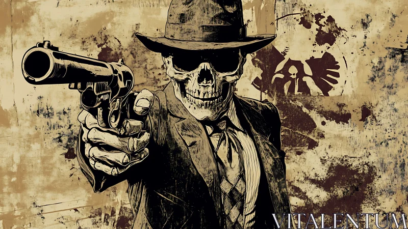 Skeletal gunslinger portrait with noir vector ink dynamics.