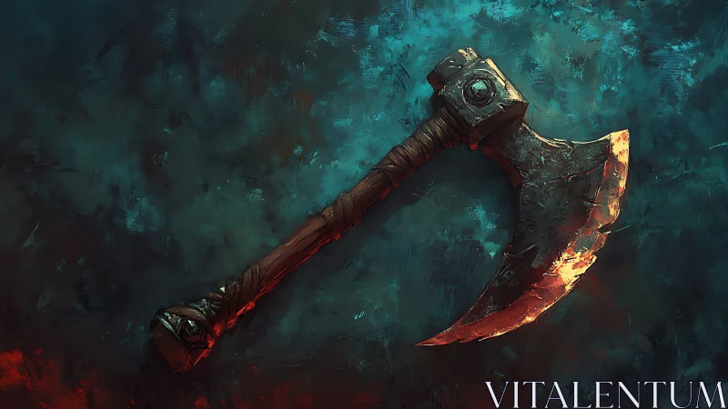 Digital painting of a scorched crescent war axe on teal field.