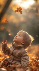 Toddler observing falling autumn leaves in dappled lighting.