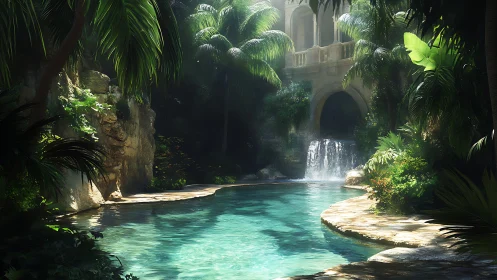 Hidden jungle pool curves beneath sunlit stone arches.
