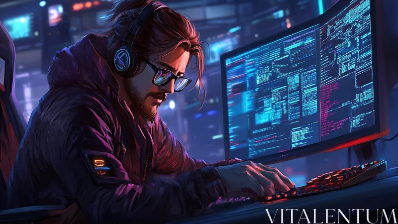 Focused coder monitors neon code streams on ultrawide display