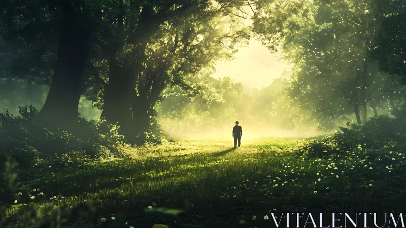Golden Forest Path: Solitary Figure in Luminous Nature Study.
