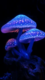 Bioluminescent mushroom cluster in neon chromatic digital painting.