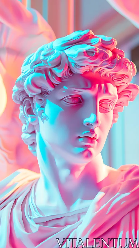 Classical marble bust lit by cyan and magenta neon lights