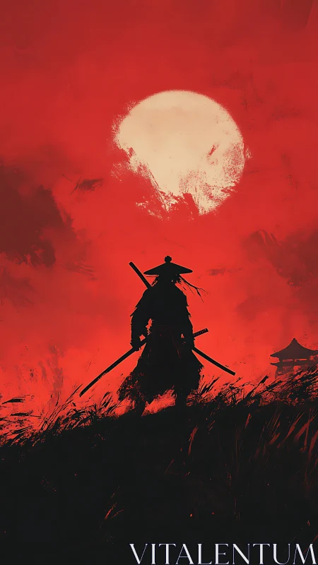Lone twilight ronin under bloodred moonlit skystorm.