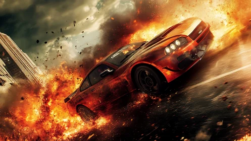 Explosive drift sequence with modified orange sports coupe under firestorm