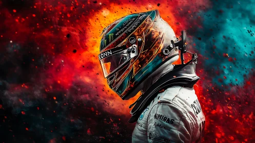 Racing driver in inferno-hued digital explosion portrait.