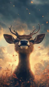 Young deer stands centered in vertical field composition