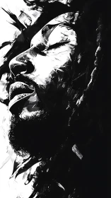 Monochrome portrait of bearded man in high contrast profile.