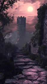 Stone tower and overgrown path under pink moonlight.