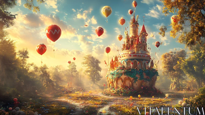 Whimsical balloon-crowned candy castle under golden dusk light