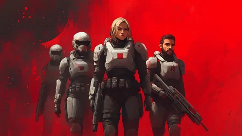 Tactical sci fi squad advancing through saturated red void.