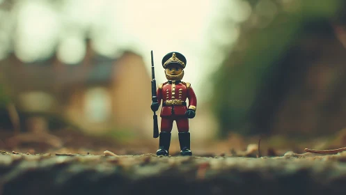 Toy soldier figure stands on ground with blurred background