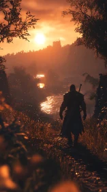 Warrior silhouette crossing sunset-lit forest river path.