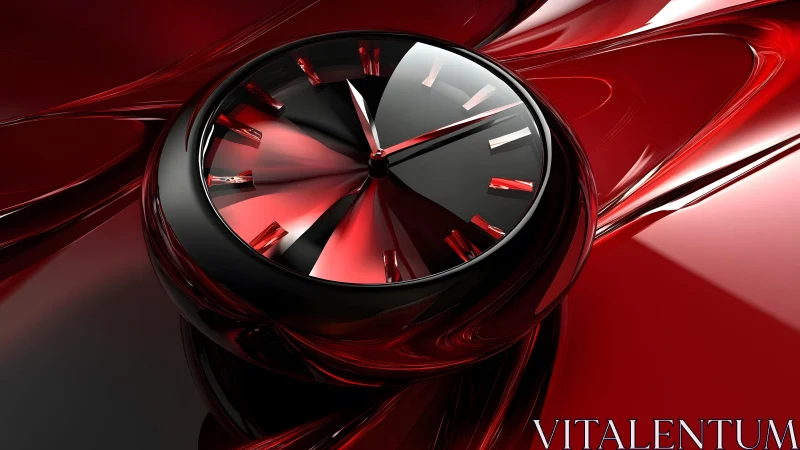 Futuristic glossy black and red clock in abstract digital art style.