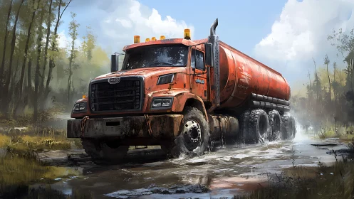 Mud-splashed red tanker truck rumbling through misty wetlands.