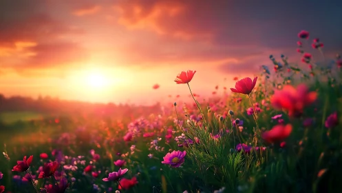 Crimson Blooms Ablaze Against a Golden Sunset Symphony.