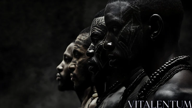 Four painted profiles drift forward through sculpted shadow