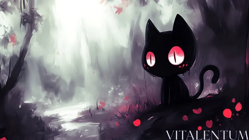 Glowing eyed black cat in misty crimson forest dusk.