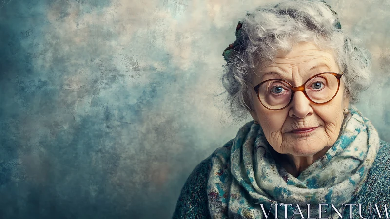 Elderly Woman in Glasses with Scarf, Artistic Portrait Style.