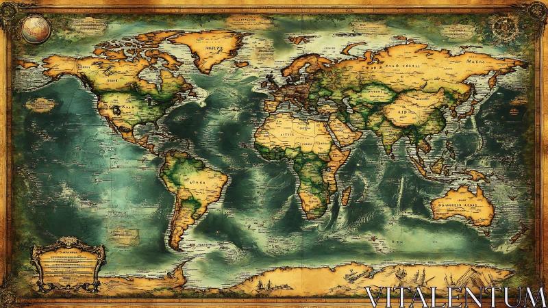 Vintage world map illustration shows labeled continents