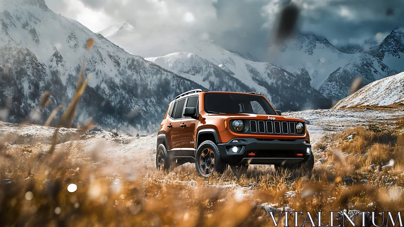 Photorealistic SUV in alpine grassland against snowbound ridges.