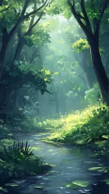 Forest Stream in Misty Grove Bathed Golden Sunlight