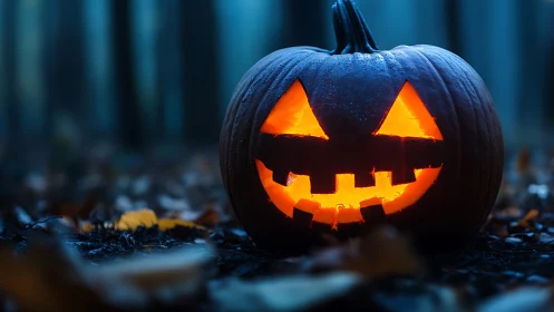 Moody forest Halloween jack o’lantern with glowing carved face