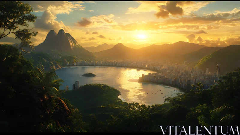 Golden sunset embraces Rio bay and lush green mountains