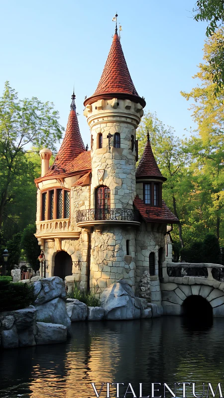 Sunlit fairytale stone tower beside reflective waterway.