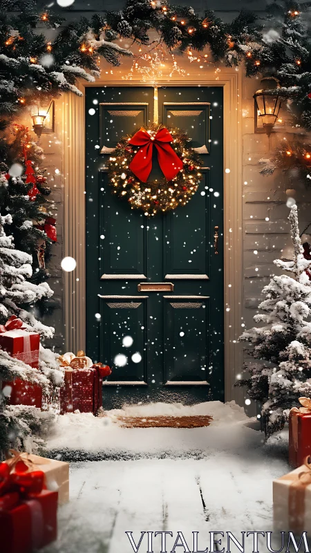 Snowy front door with Christmas wreath and gift boxes.