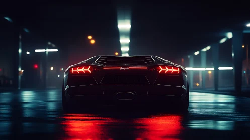 Midnight supercar glow on rain-soaked city streets.