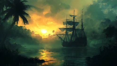 Sunlit galleon drifting through misty tropical lagoon.