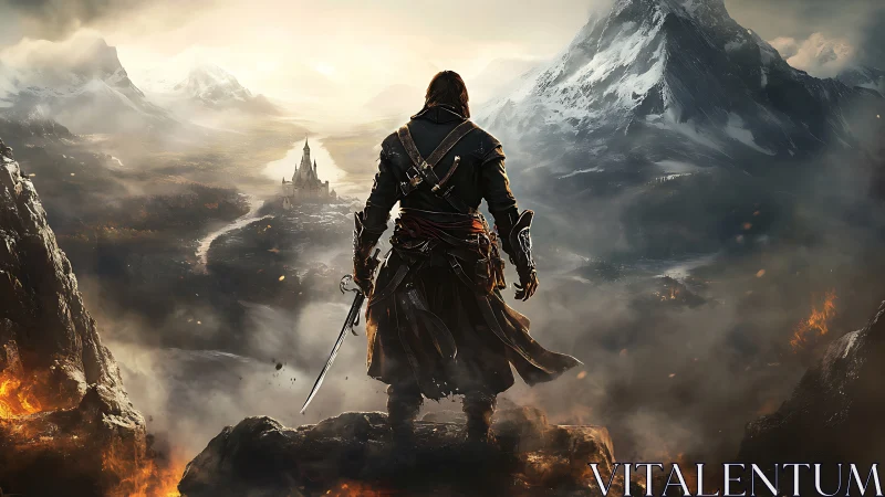 Lone armored wanderer overlooks distant castle valley.