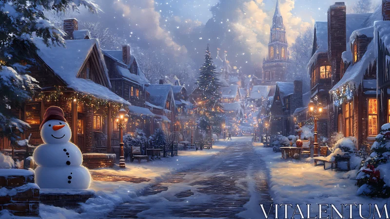 Snowman sentinel in lantern-lit storybook winter street.