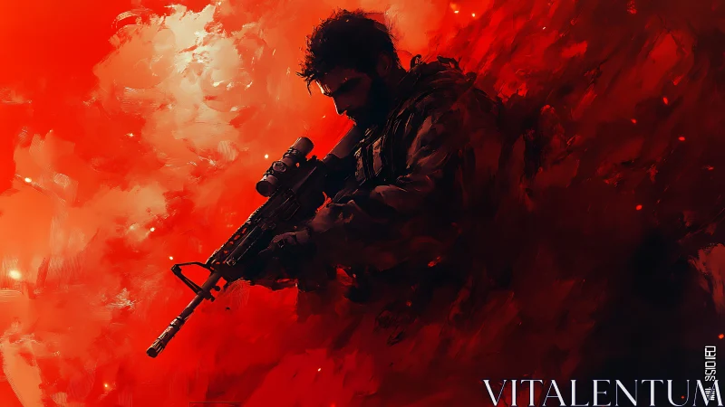 Silhouetted sniper in red abstract battlefield haze.