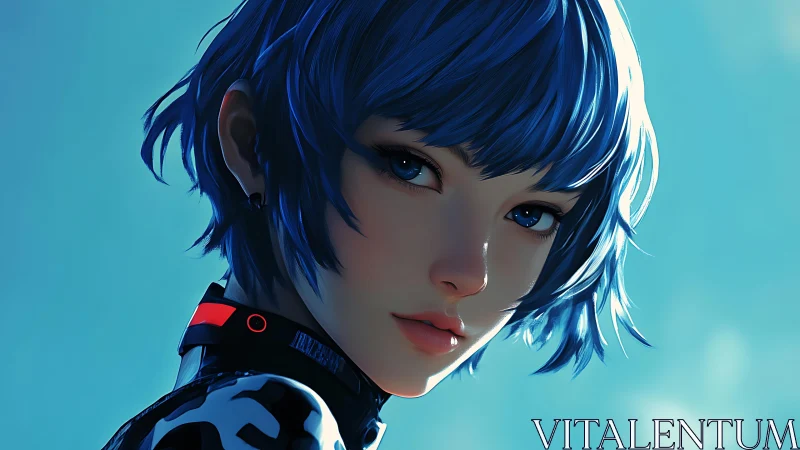 Futuristic blue‑haired portrait renders luminous cybernetic gaze