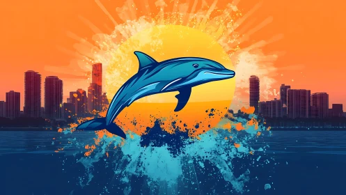 Stylized dolphin silhouette arcs before neon urban sunset