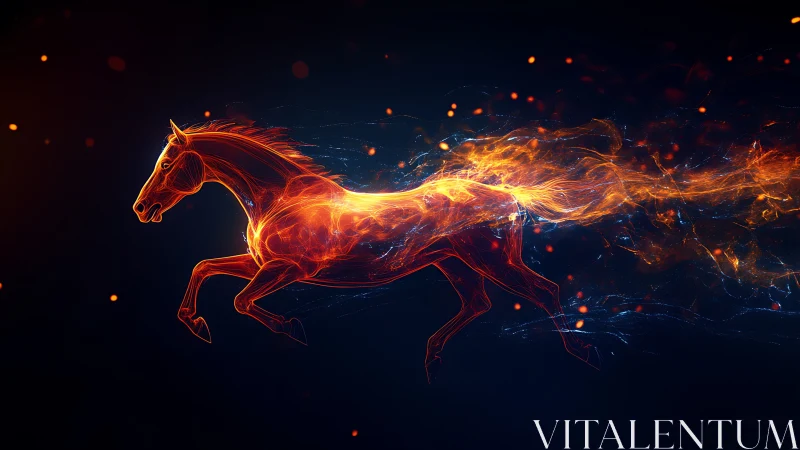 Fiery digital stallion racing through glowing night sky.
