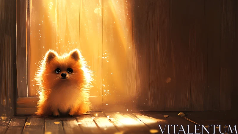 Golden light surrounds fluffy puppy in wooden doorway.