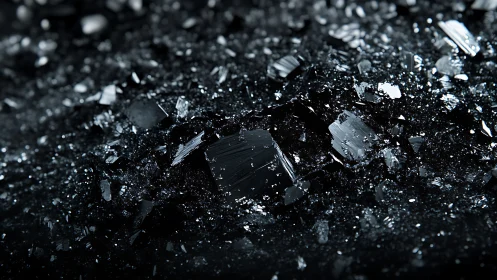 Macro image shows angular black crystal fragments in focus