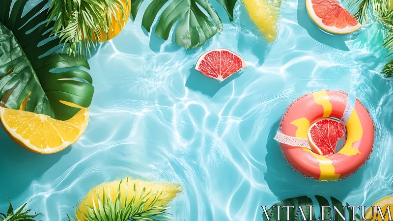 Vibrant citrus pool still life renders playful summer buoyancy