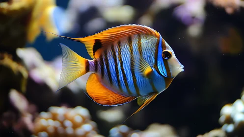 Striped tropical reef fish in clear underwater scene.