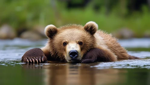 Gentle brown bear rests dreamily in a quiet forest river