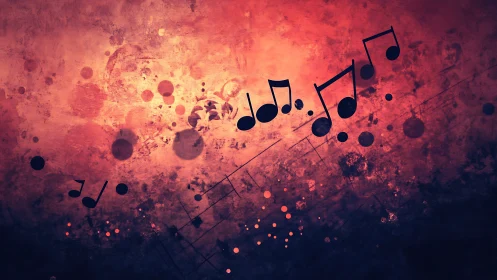 Musical notes on textured red gradient abstract background.