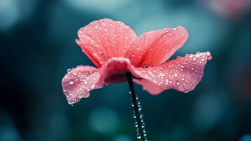 Pink flower macro with raindrops against teal bokeh.