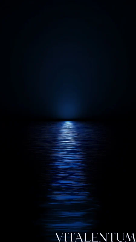 Midnight horizon glows above reflective dark water surface.